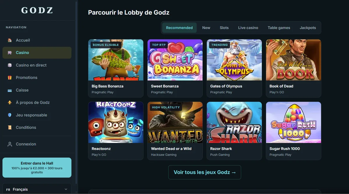 Page d'accueil de Godz, casino accessible petit budget