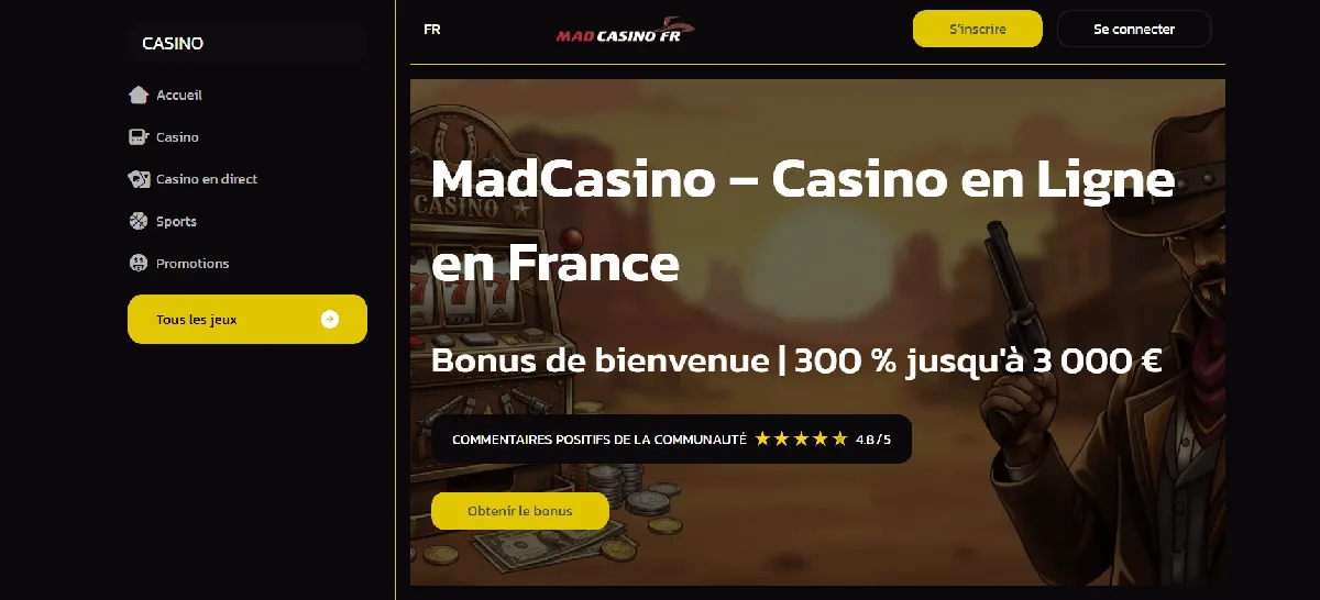 Page d'accueil de MadCasino, 10 euros dépôt casino en ligne